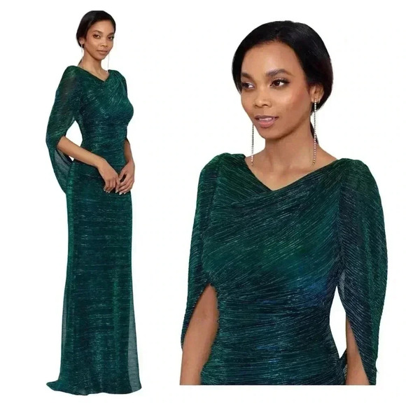Betsy & Adam Women's Green Cowlneck Cape-Back Foil Gown Formal Dress sz 10 - Picture 4 of 11